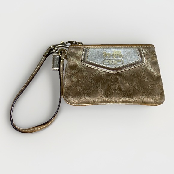 Vintage Coach Gold Signature Canvas/Leather Wristlet Small Gold Hardware - Picture 1 of 6